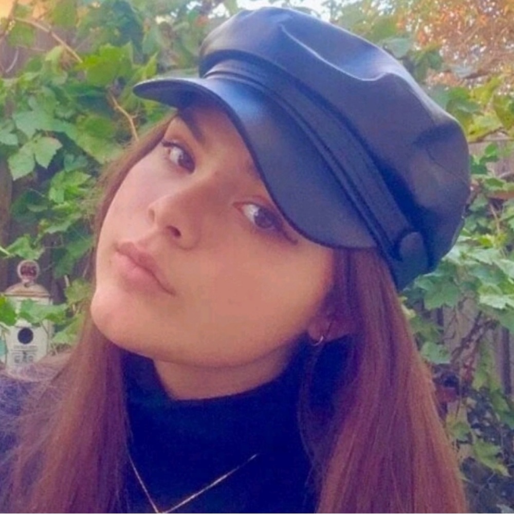 Solid black women's faux vegan leather baker boy News boy cap